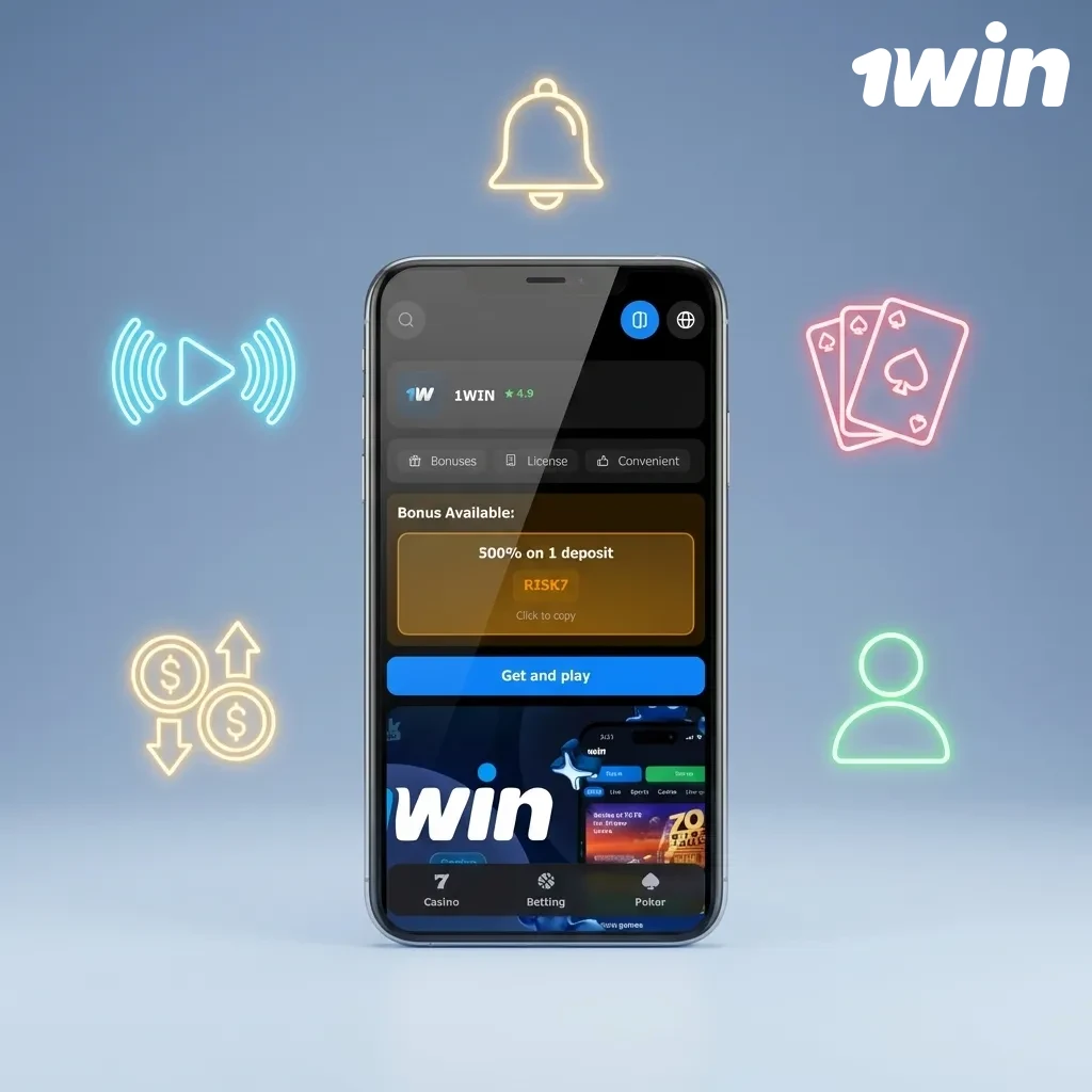Interfaz móvil 1win mostrando opciones de casino, apuestas deportivas y métodos de pago para usuarios de Costa Rica