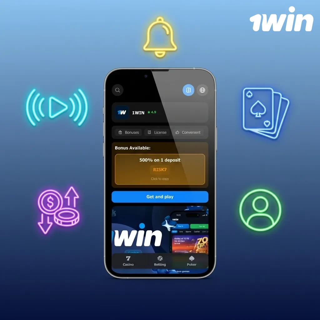 Interfaz de la app 1win mostrando funciones de apuestas en vivo, casino, depósitos y gestión de cuenta en un dispositivo móvil — 1win en Costa Rica