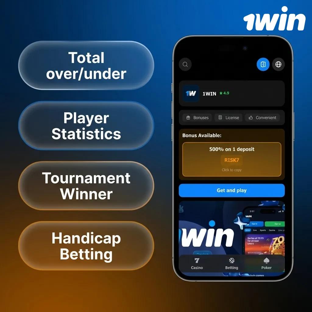 Pantalla de la app 1win en Costa Rica mostrando opciones de apuestas: simple, acumulada, sistema, en vivo y largo plazo con cuotas.